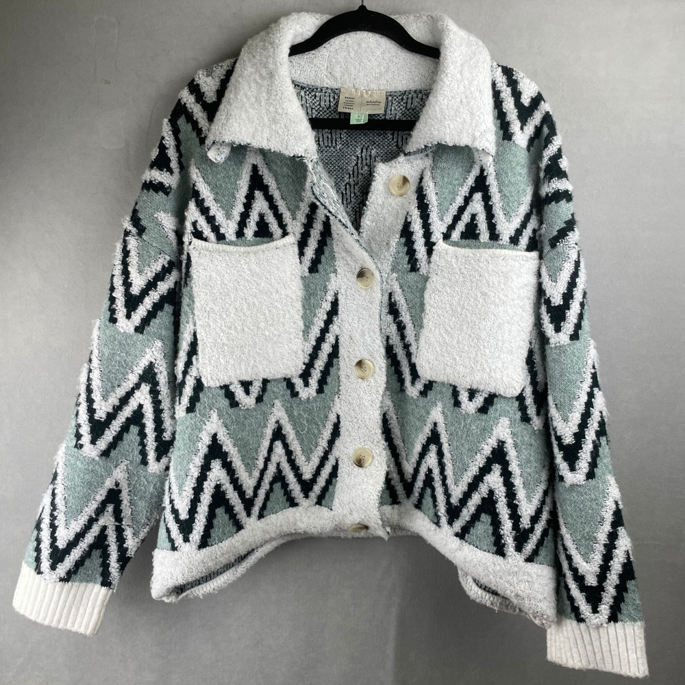 Saturday‎ Sunday Anthropologie Zigzag Sherpa Collar Cardigan Sage Green Black M